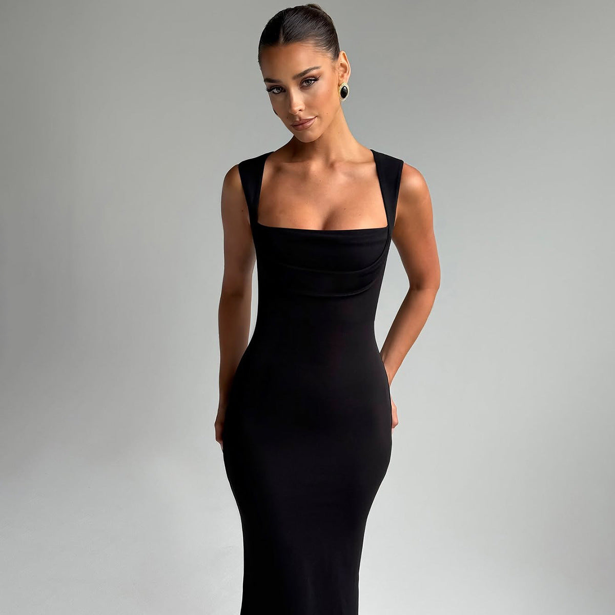 Square Neck Sleeveless Ruched Bust Bodycon Maxi Dress 4