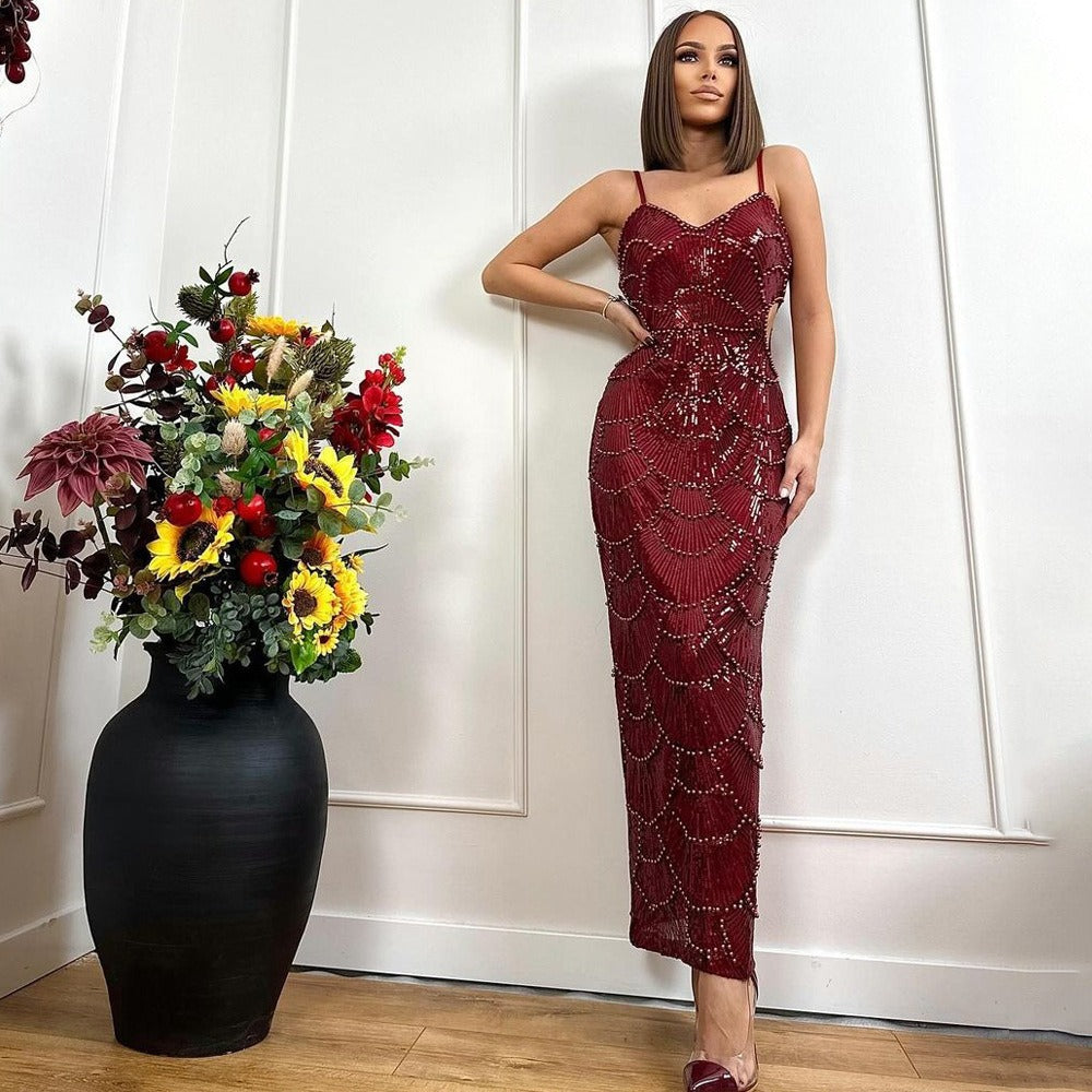 Sequin Faux Pearl Scallop Spaghetti Strap Cut Out Bodycon Midi Dress 4