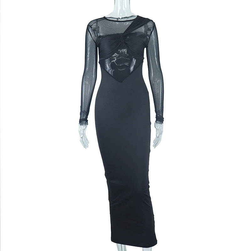 Mesh Panel Twist Front Long Sleeve Bodycon Midi Dress 5