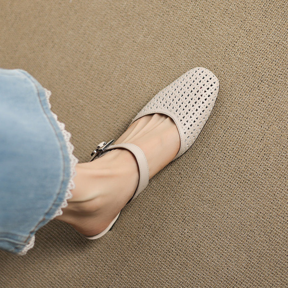 Square Toe Cut Out Buckle Block Heel Mules