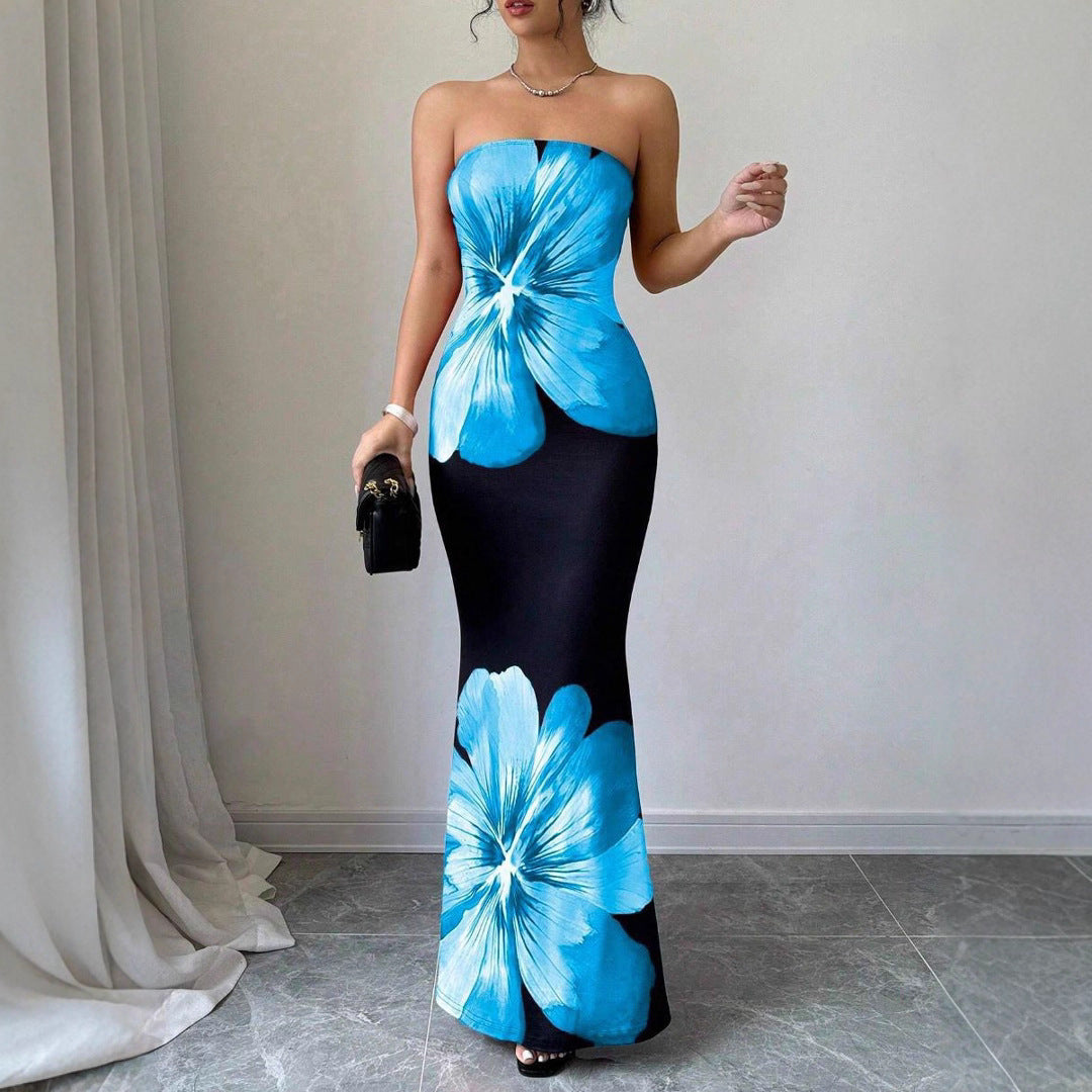 Large Flower Print Strapless Tube Bodycon Mermaid Maxi Dress