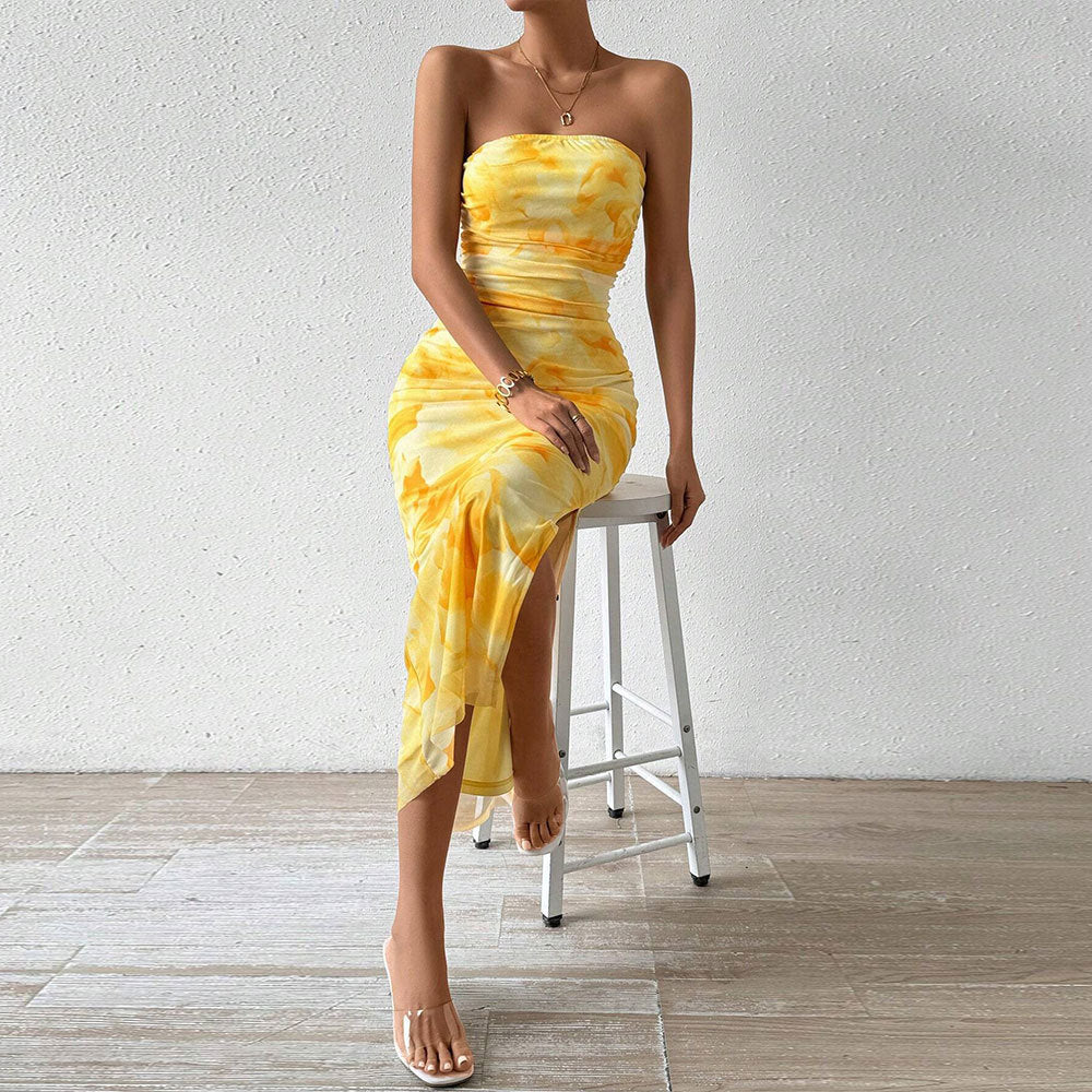 Tie Dye Print Mesh Strapless Ruched Side Split Bodycon Maxi Dress 3