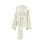 Satin Deep V-Neck Long Sleeve Belted Wrap Mini Dress 6