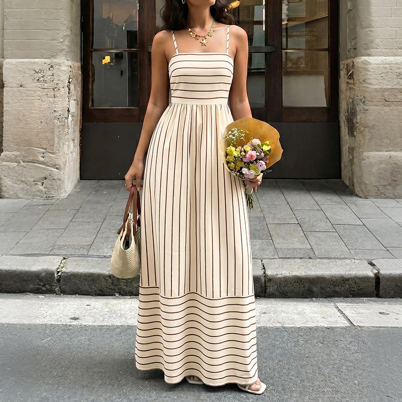 Casual Vacation Striped Spaghetti Straps Backless Waist Trimming Dress