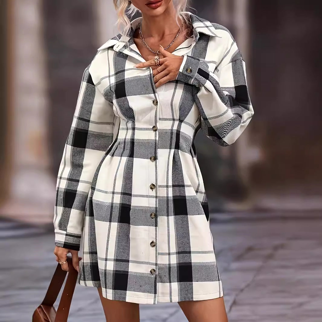 Women Autumn Winter Elegant Plaid Printed Belt Dress Women Clothing