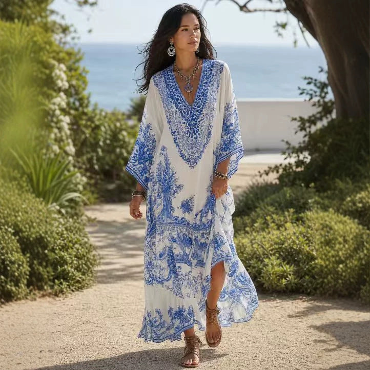 Blue White Porcelain Printed V neck Robe Dress Large Sleeve Loose Vacation Maxi Dress Blouse