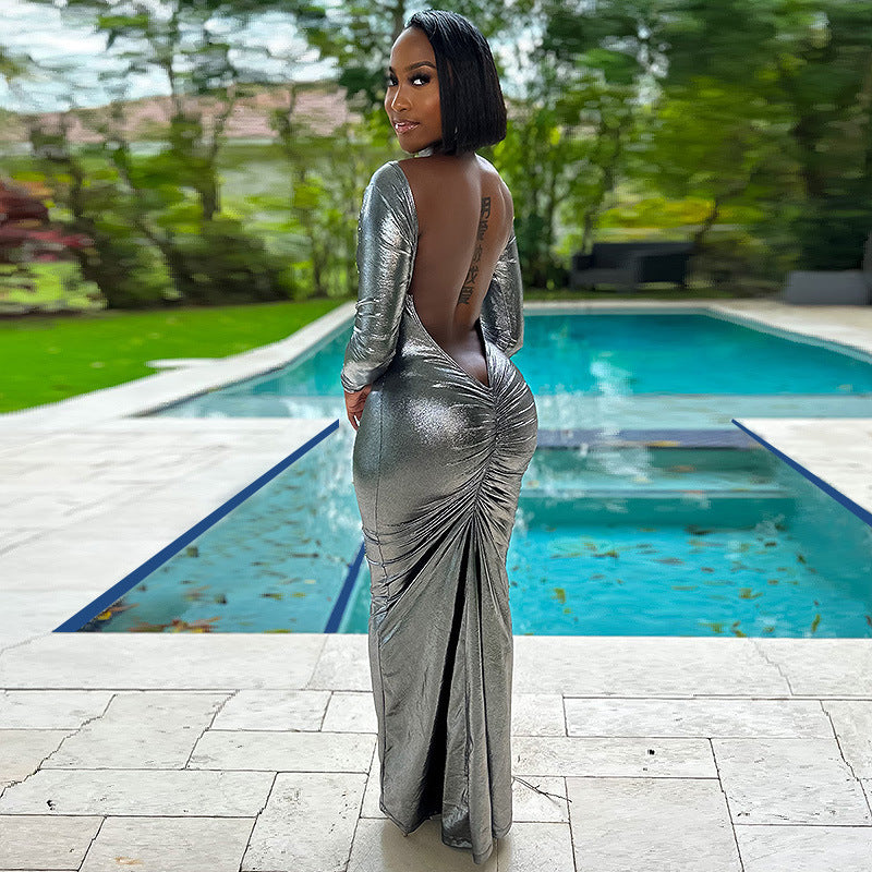 Summer Solid Color Metallic Coated Fabric Round Neck Long Sleeve Narrow Backless Long Glossy Dress