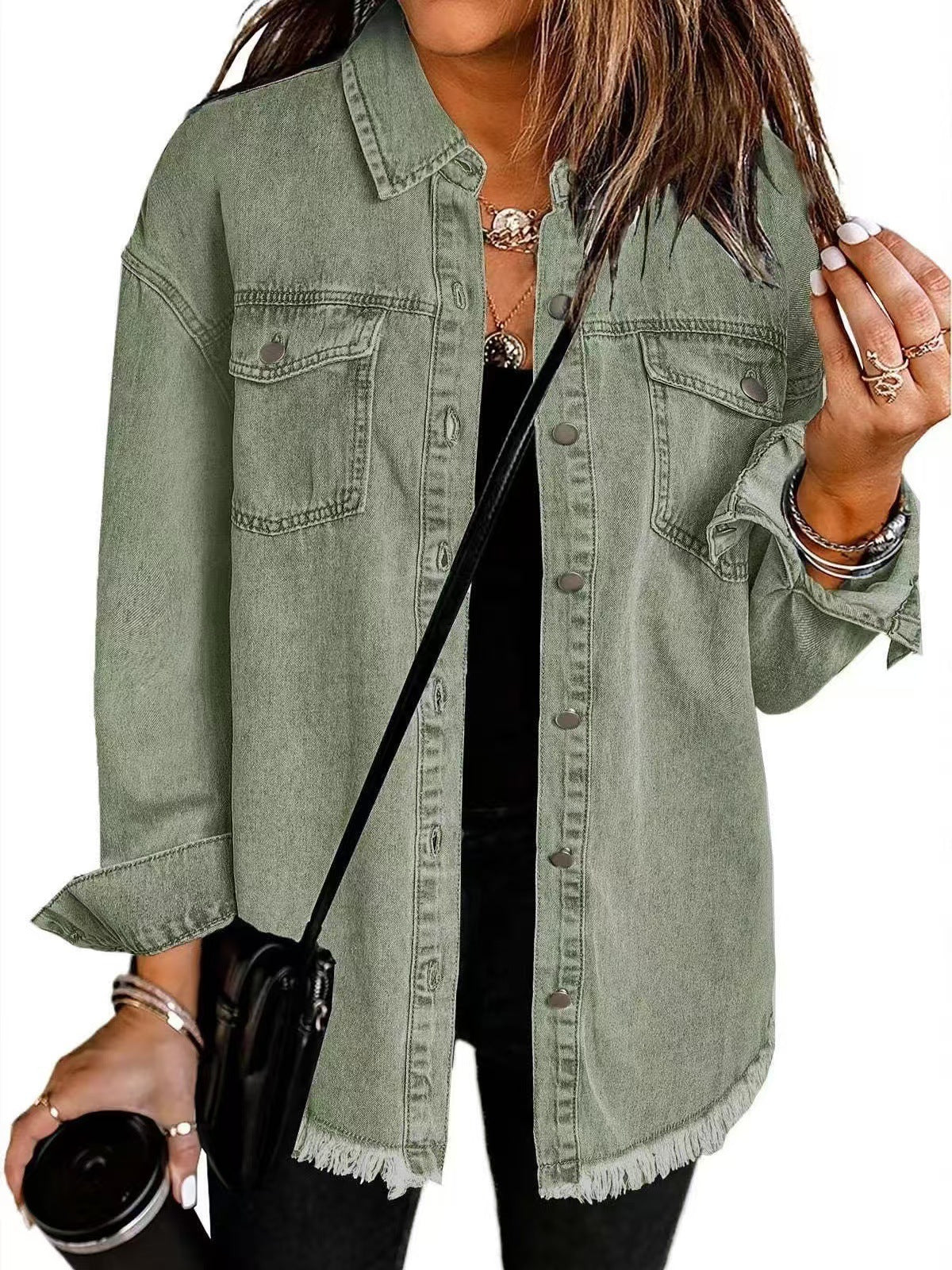 Button Front Frayed Hem Longline Denim Jacket