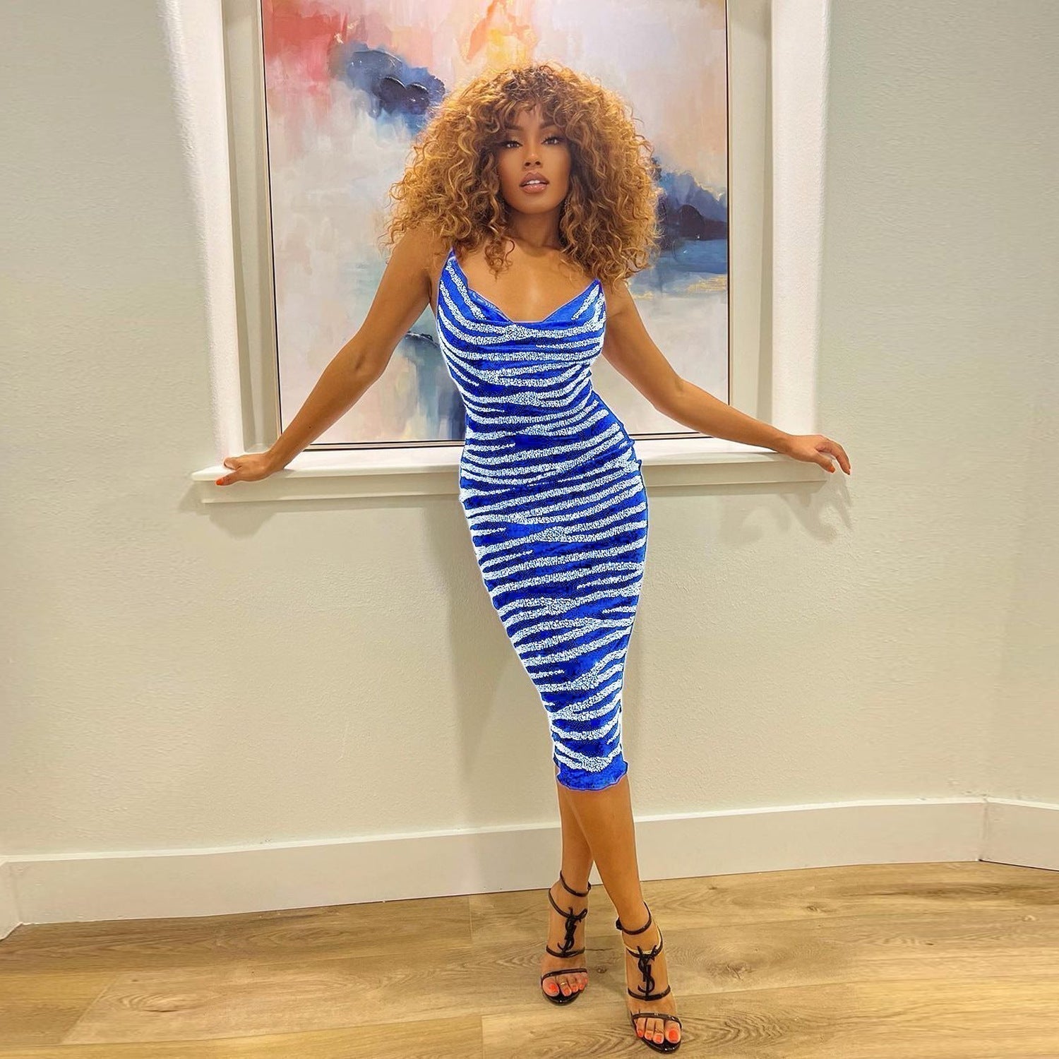 Sequin Velvet Cowl Neck Spaghetti Strap Striped Bodycon Midi Dress