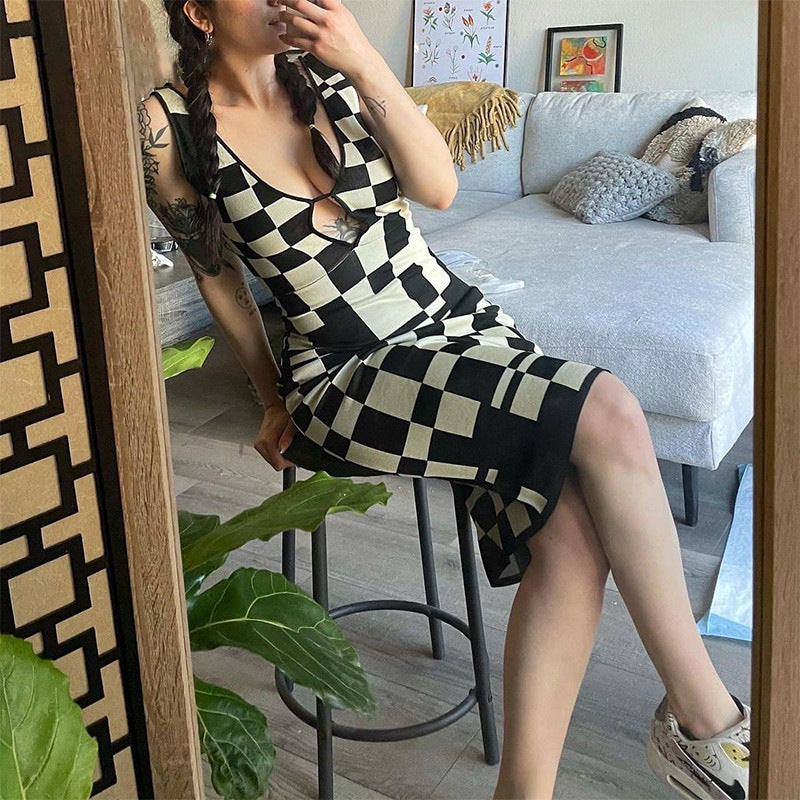 Maillard Summer Women Clothing Low Cut V neck Sexy Hollow Out Cutout out Sleeveless Vest Plaid Knitted Dress
