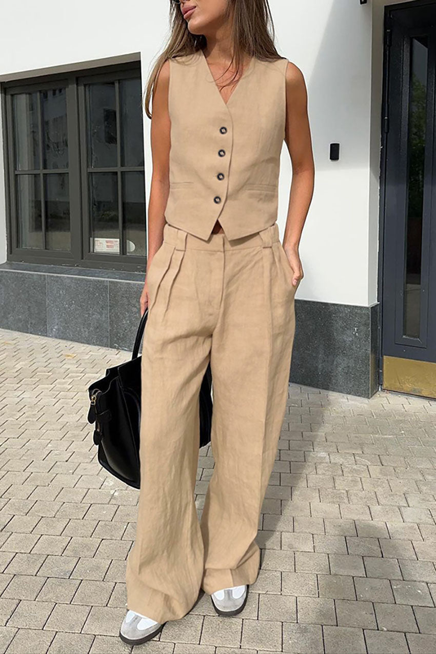 Solid Color Cotton and Linen V-neck Vest Long Pants Set