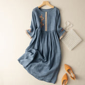 Embroidered Round Neck Long Sleeve Midi Dress 4
