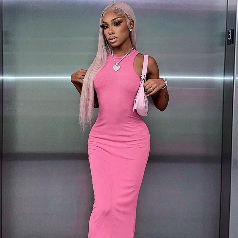 Ribbed Knit Round Neck Sleeveless Bodycon Maxi Dress