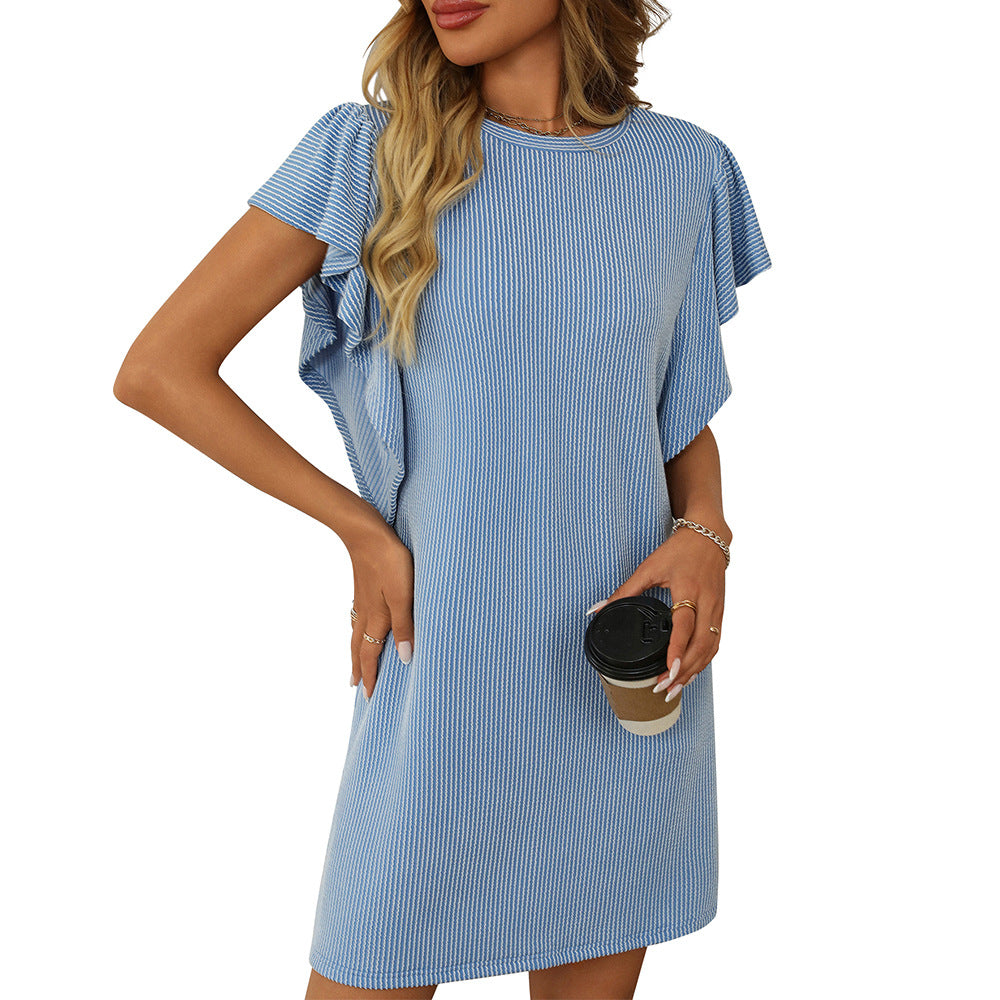 Ribbed Knit Crew Neck Ruffle Sleeve Shift Mini Dress 3