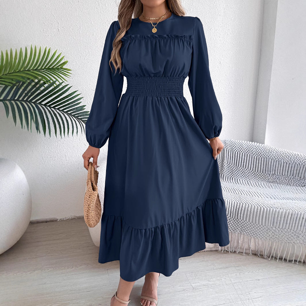 Crew Neck Long Sleeve Ruffle Yoke Smocked Waist Tiered Hem Maxi Dress