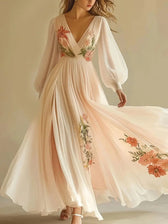 Floral Embroidered Chiffon V-Neck Short Sleeve High Split Maxi Dress 4