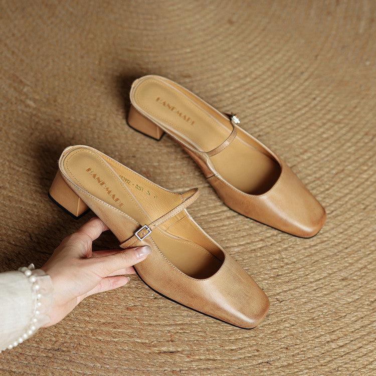 Square Toe Buckle Strap Block Heel Mary Jane Mules