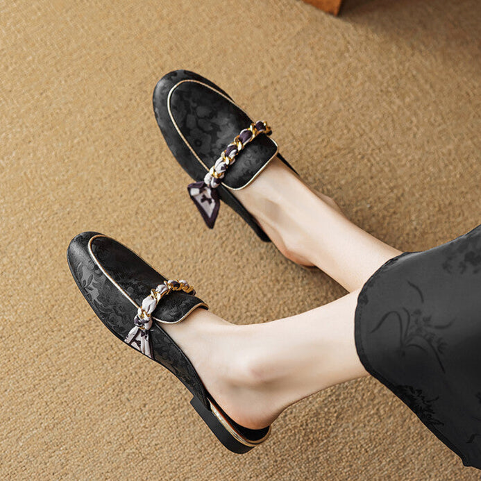 Floral Jacquard Chain Detail Pointed Toe Flat Mules