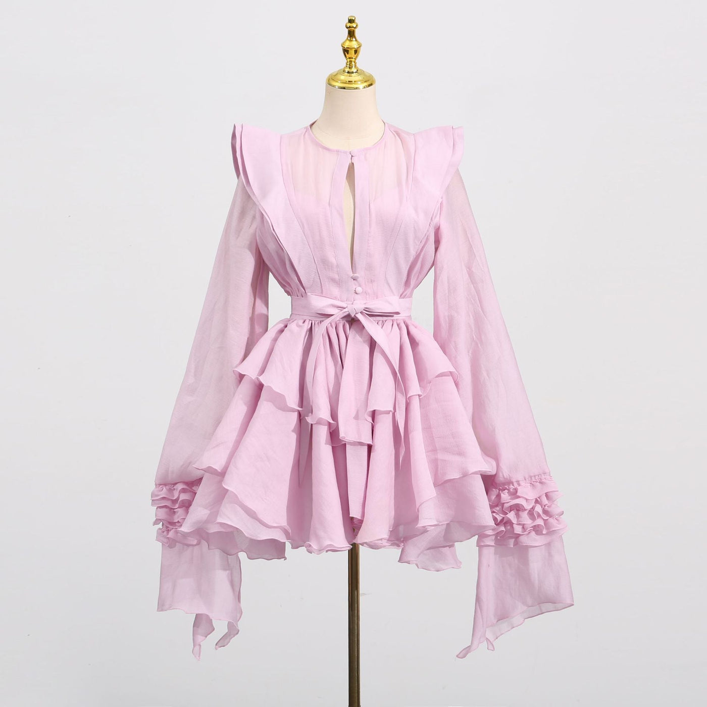 Chiffon Long Sleeve Tiered Ruffle Belted Mini Dress 2