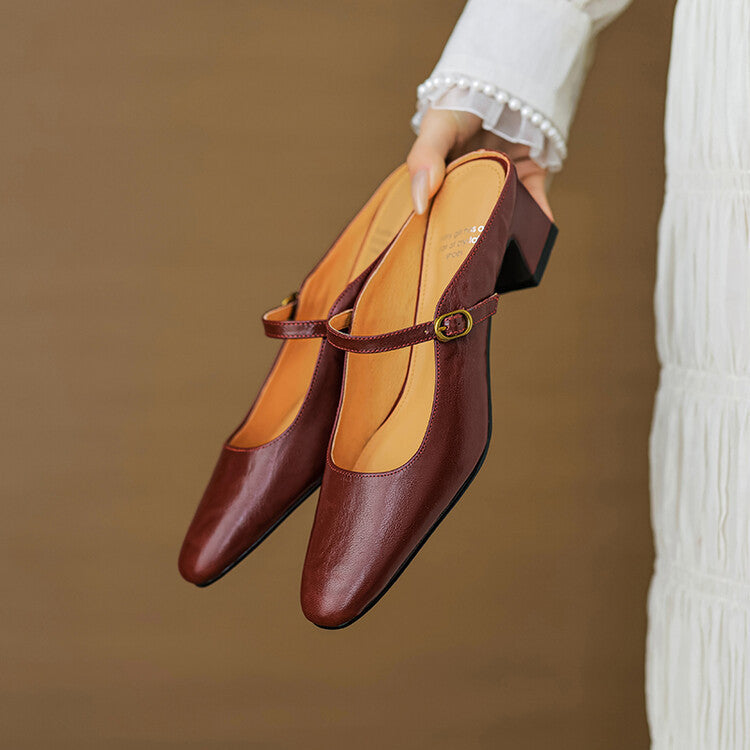 Square Toe Buckle Block Heel Mary Jane Mules