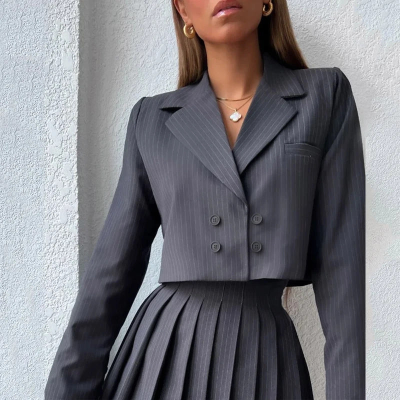 Pinstripe Cropped Double Breasted Blazer and Pleated Mini Skirt Two Piece Set 2
