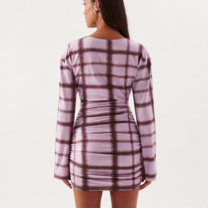 Women Clothing Autumn Winter Solid Color Plaid Printed Swing Collar Long Sleeve Shirt Slim Short Dress