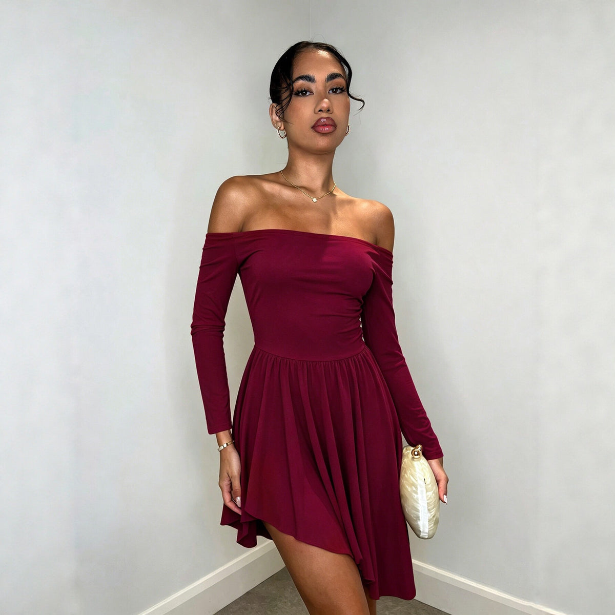 Off Shoulder Long Sleeve Fit and Flare Asymmetric Hem Mini Dress