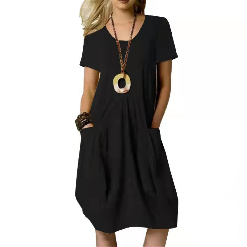 V-Neck Short Sleeve Pocket Loose Cocoon Midi Dress 6