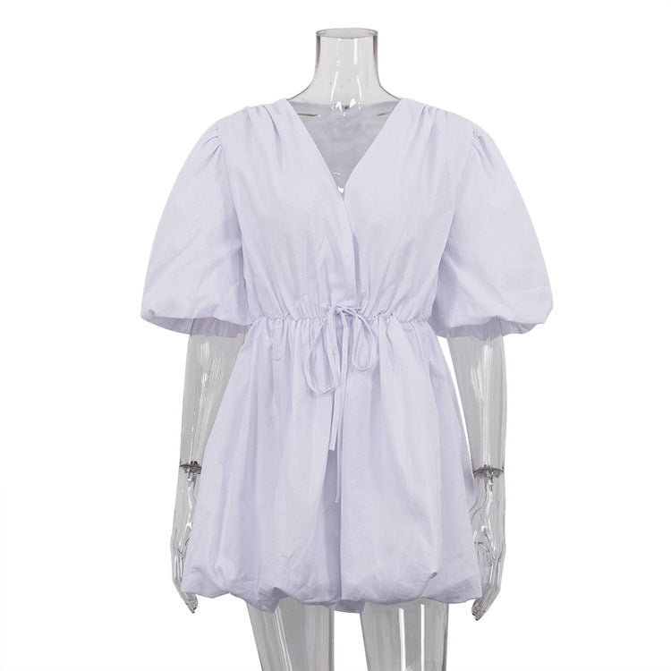 V-Neck Puff Sleeve Drawstring Waist Bubble Hem Mini Dress 5