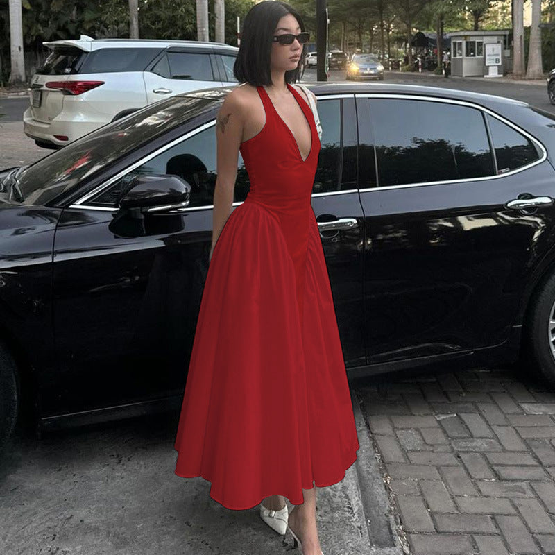 Halter Deep V-Neck Backless Satin Midi Dress 3