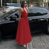 Halter Deep V-Neck Backless Satin Midi Dress 3