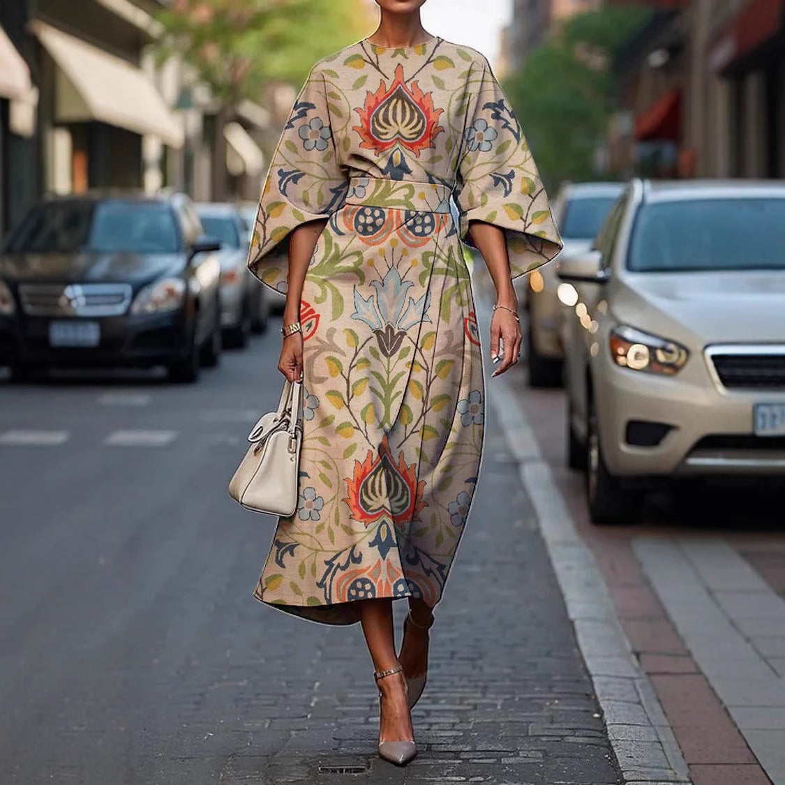 Zoraida - Stylish Batwing Sleeve Long Dress Beige