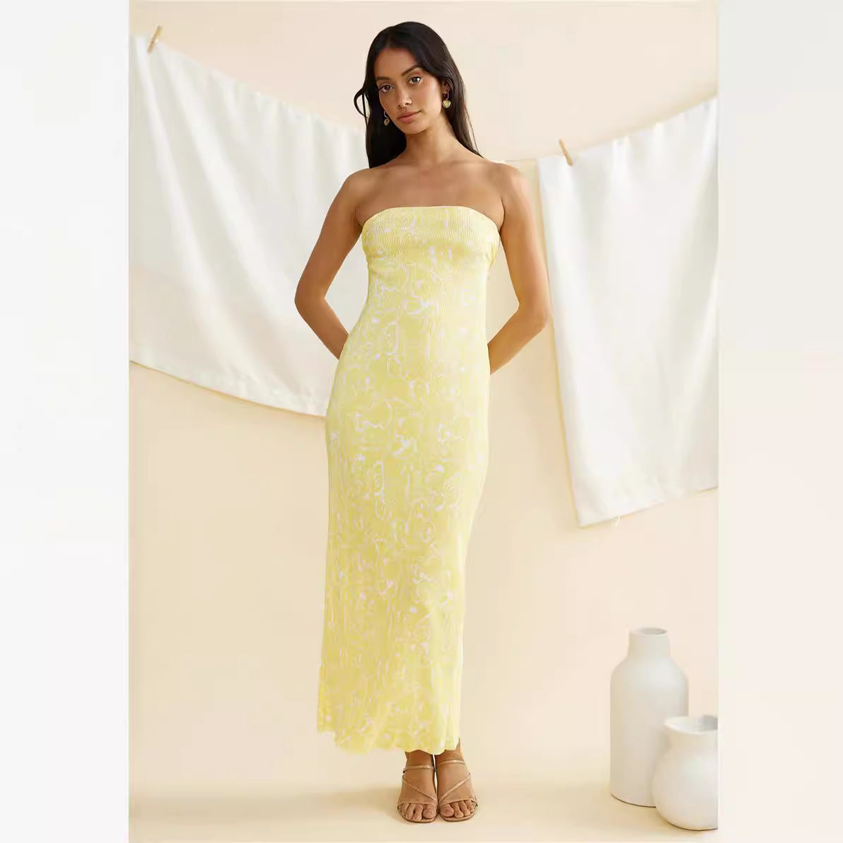 Spring Summer Women Tube Top Printed Pleated Drape Self Tie Dress