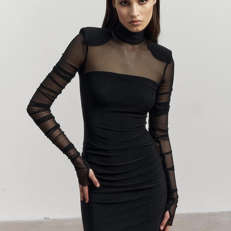 Sheer Mesh Mock Neck Padded Shoulder Ruched Long Sleeve Bodycon Dress 2