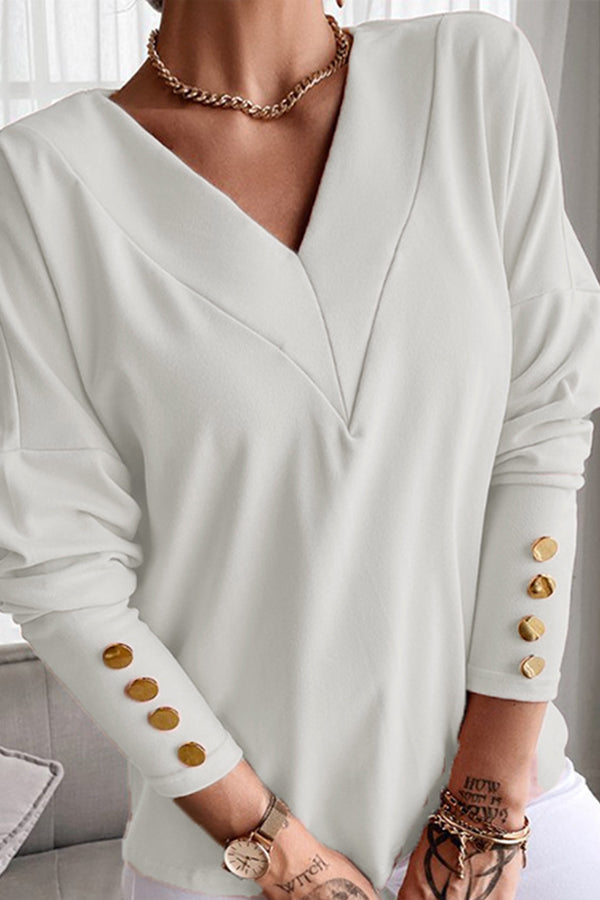 Button Long Sleeve V Neck T Shirt