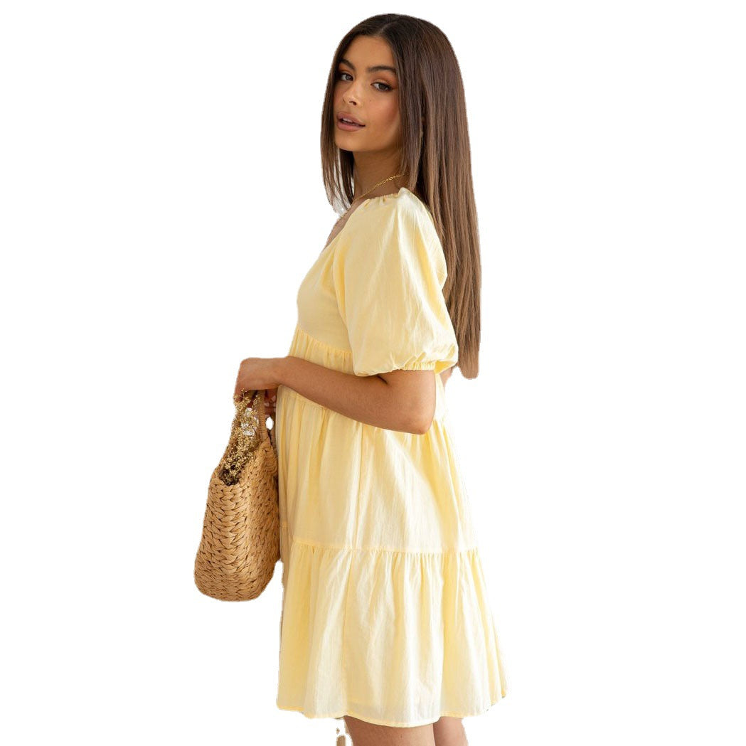 Deep V-Neck Puff Sleeve Tiered Babydoll Mini Dress 5