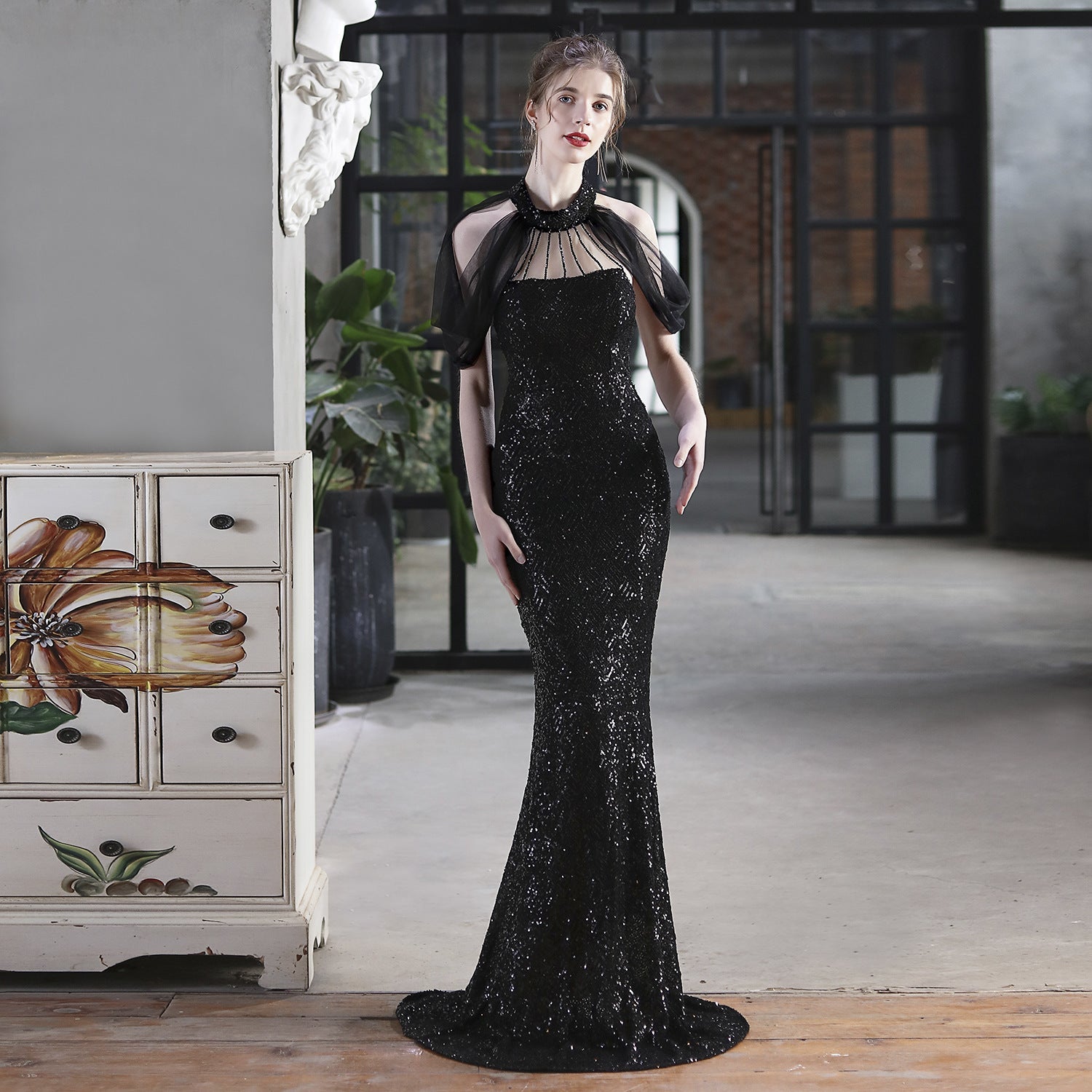 Sequin Halter Neck Sheer Cape Mermaid Gown