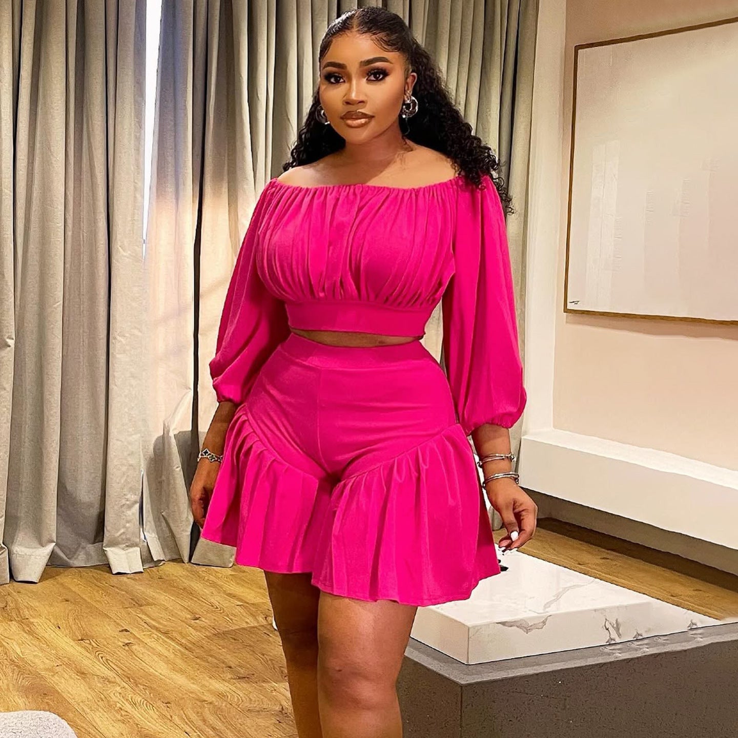 plus Size Women Clothing Pleated off Neck Fluffy Waist Trimming Casual Two Piece Sets