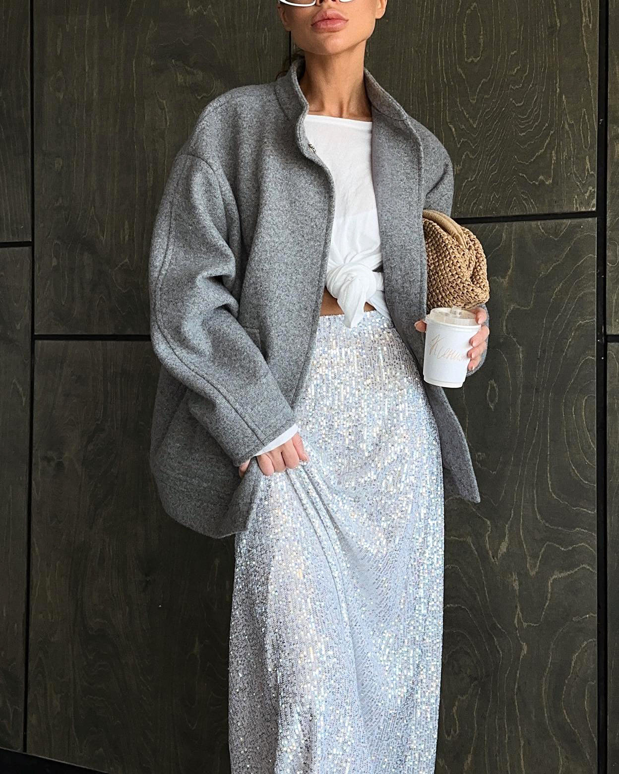 Gray Stand Collar Oversized Wool Coat