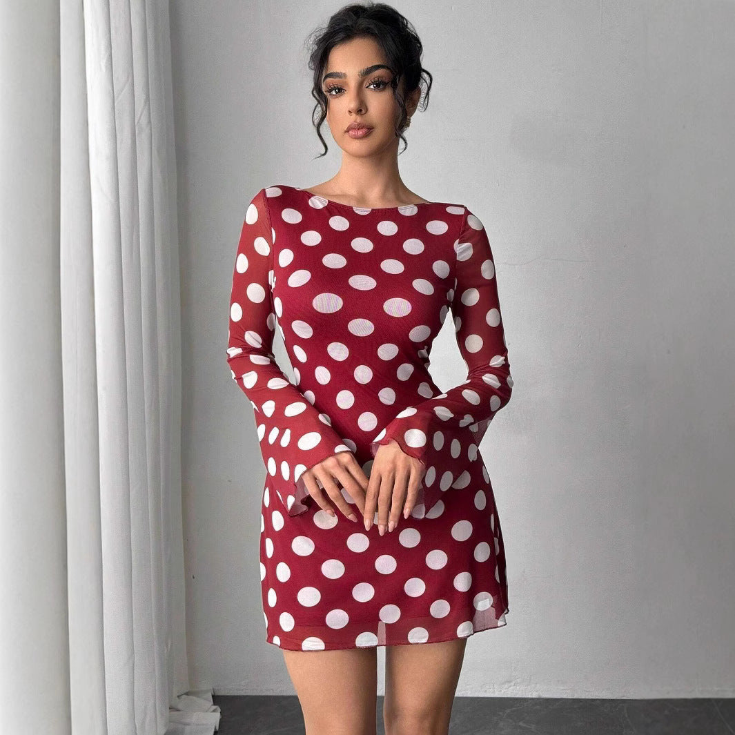 Spring Summer Lady Sexy Polka Dot Backless Mesh Flare Sleeve Mini Dress