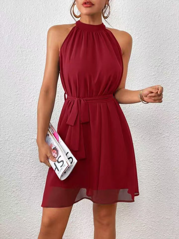 Chiffon Halter Neck Sleeveless Tie Waist A-Line Mini Dress 7