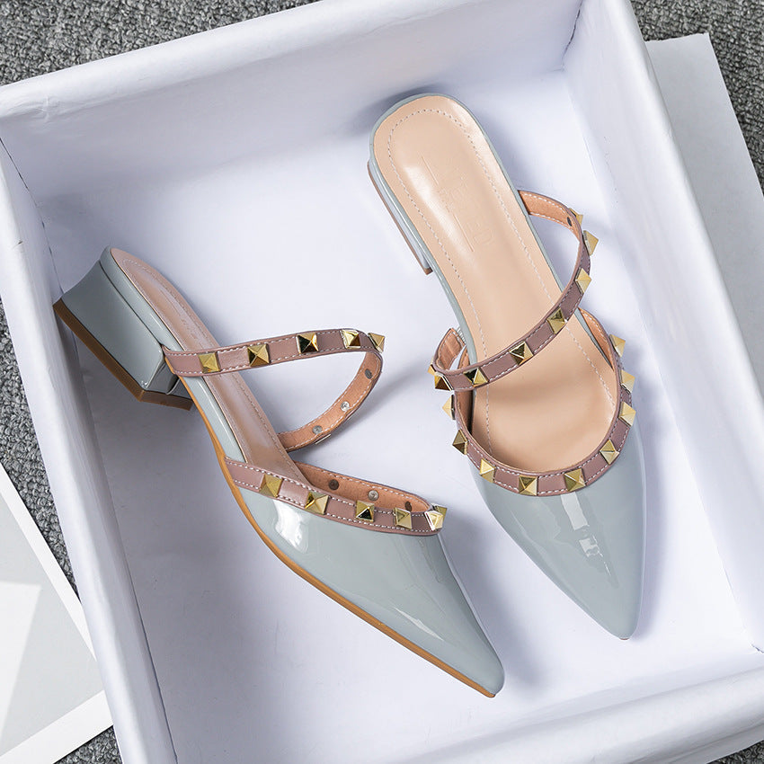 Pointed Toe Studded Strap Block Heel Mules
