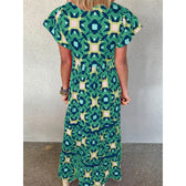 V-Neck Short Sleeve Geometric Print Tiered Maxi Dress 4