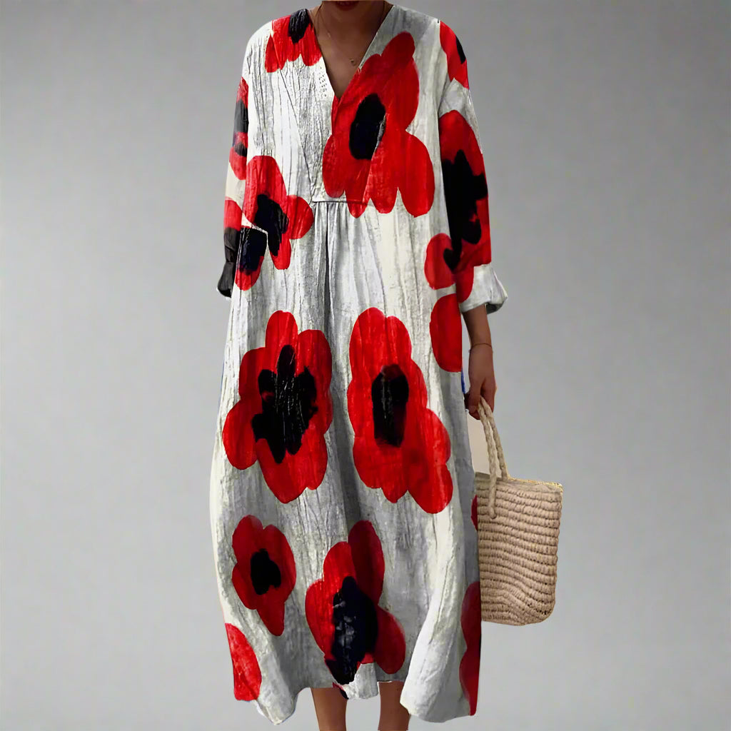 V-Neck Long Sleeve Floral Print Maxi Dress