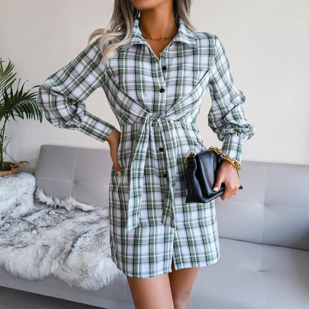 Klay Cotton Plaid Button Down Shirt Dress Green