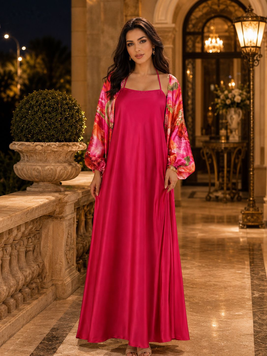 Rose Red Strap Dress Stitching Floral Printed Cardigan Dress Women Elegant Loose Large Swing