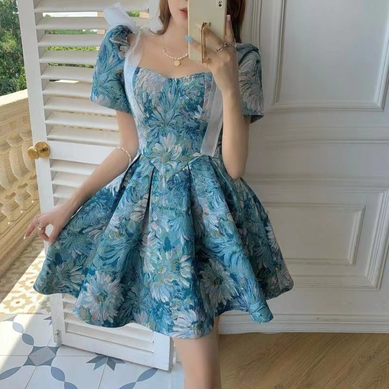 Floral Jacquard Sweetheart Neck Puff Sleeve Pleated Fit and Flare Mini Dress