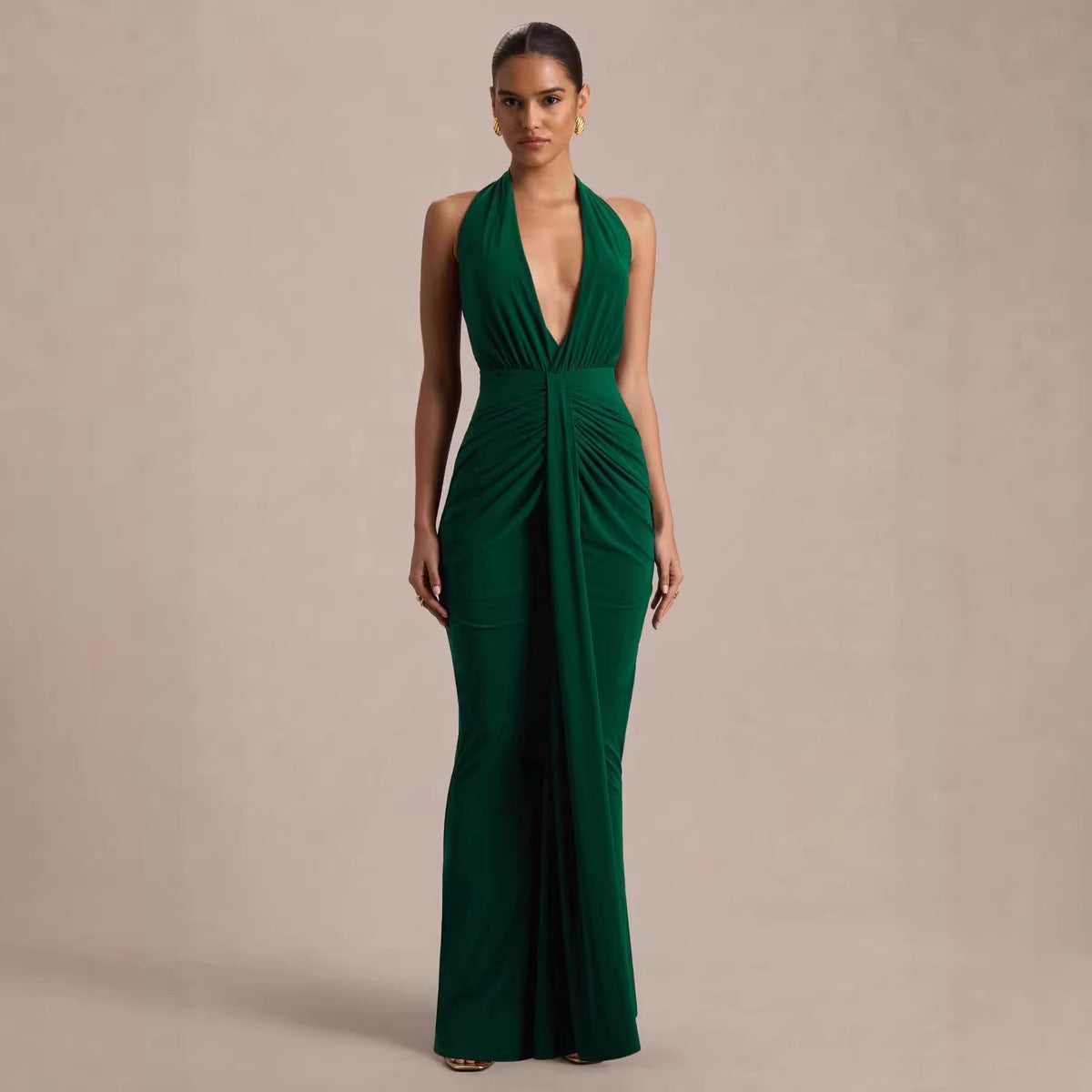 Women Clothing Sexy V neck Halter Tied Slim Fit Design Pleated Niche Dress