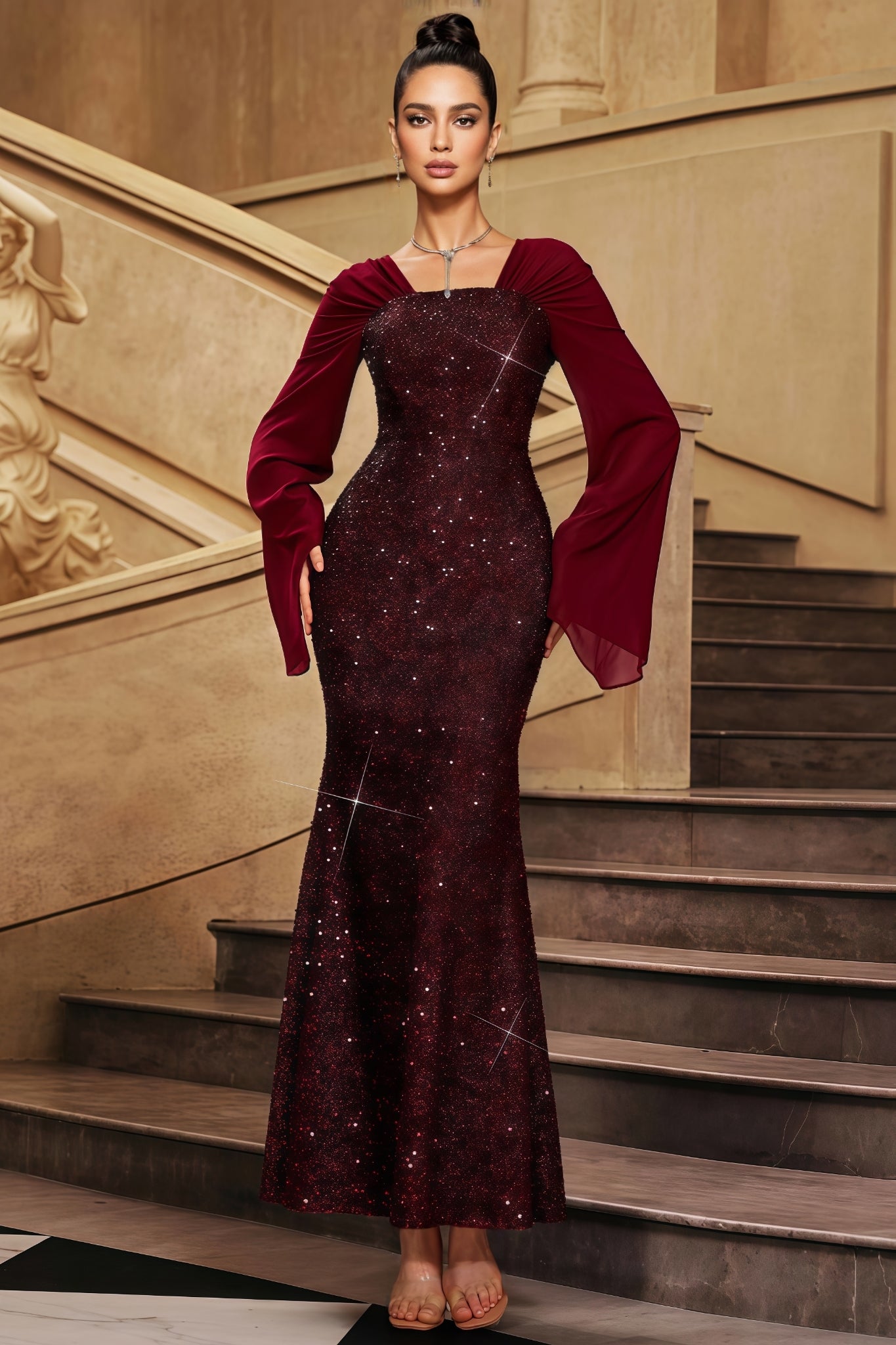 Antony Red V-Neck Sequined Maxi Dress