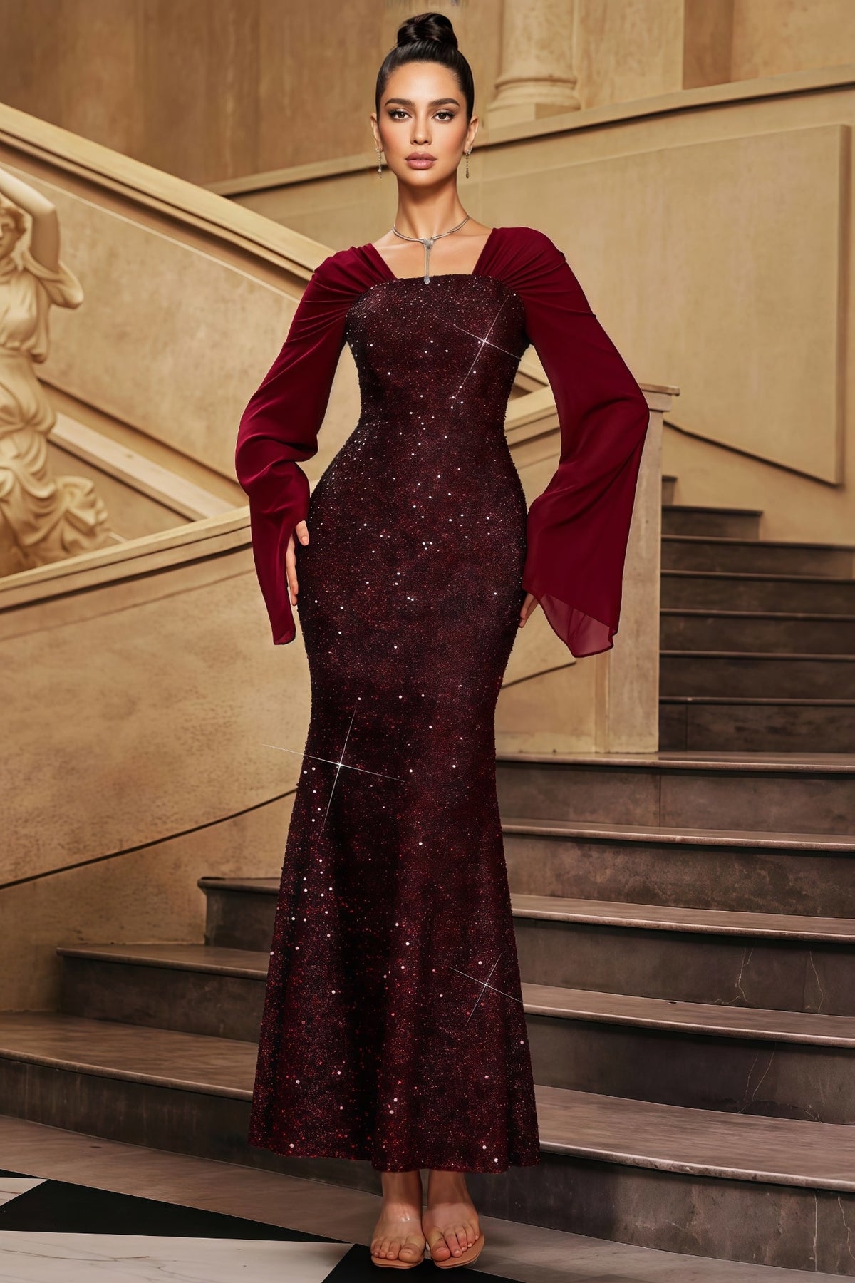 Sequin Square Neck Sheer Flared Long Sleeve Mermaid Maxi Dress